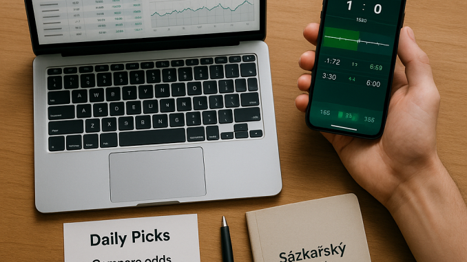 Top-down photo of a minimalist betting workspace: laptop with odds charts, phone with live