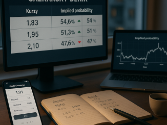 Fotografie pracovního stolu s hlavním monitorem s decimálními kurzy a šipkami pohybu, vedlejší notebook