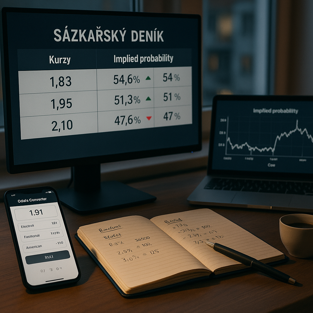Fotografie pracovního stolu s hlavním monitorem s decimálními kurzy a šipkami pohybu, vedlejší notebook